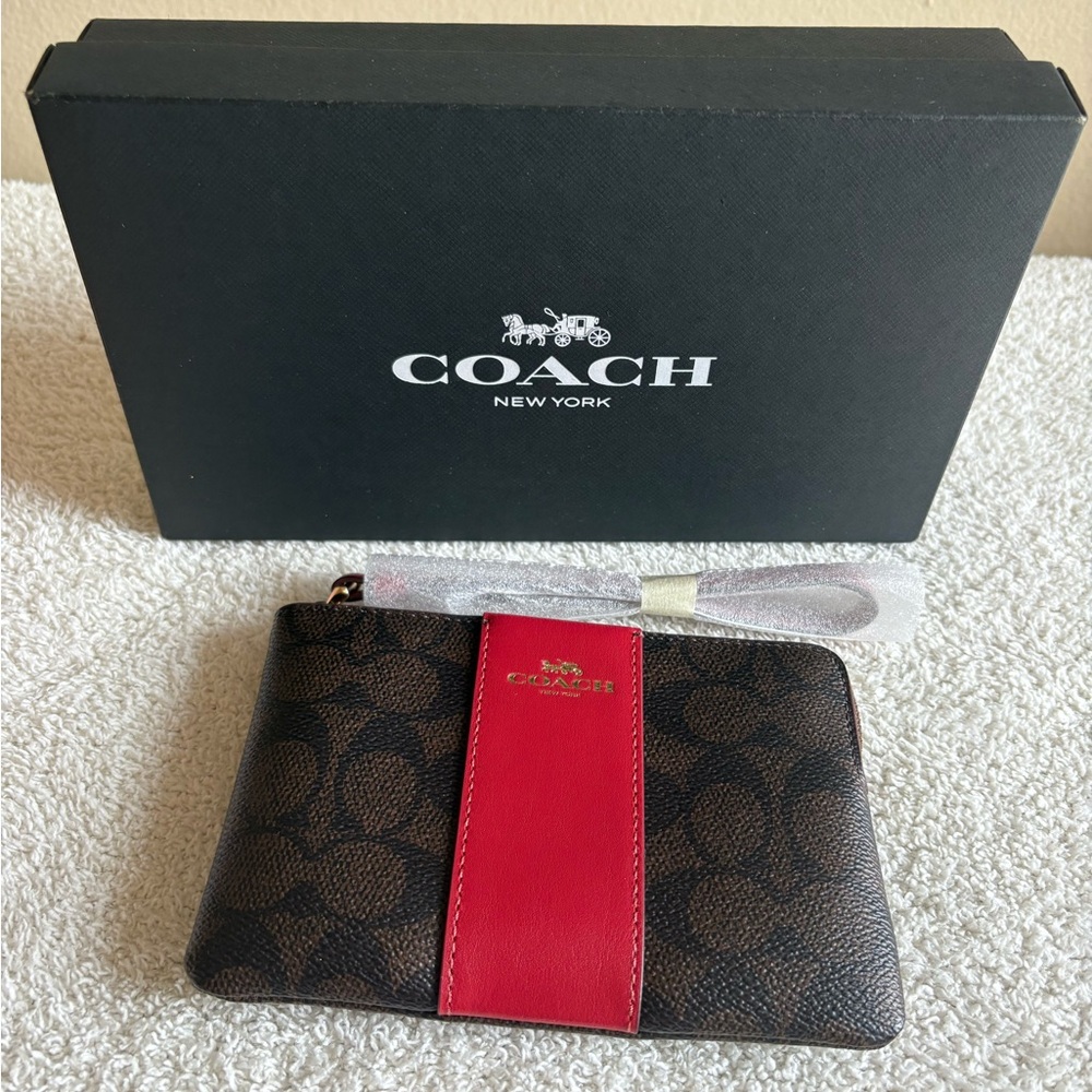 NEW COACH Signature Coated Canvas with Leather Strap Brown and Red Wristlet - Picture 2 of 8